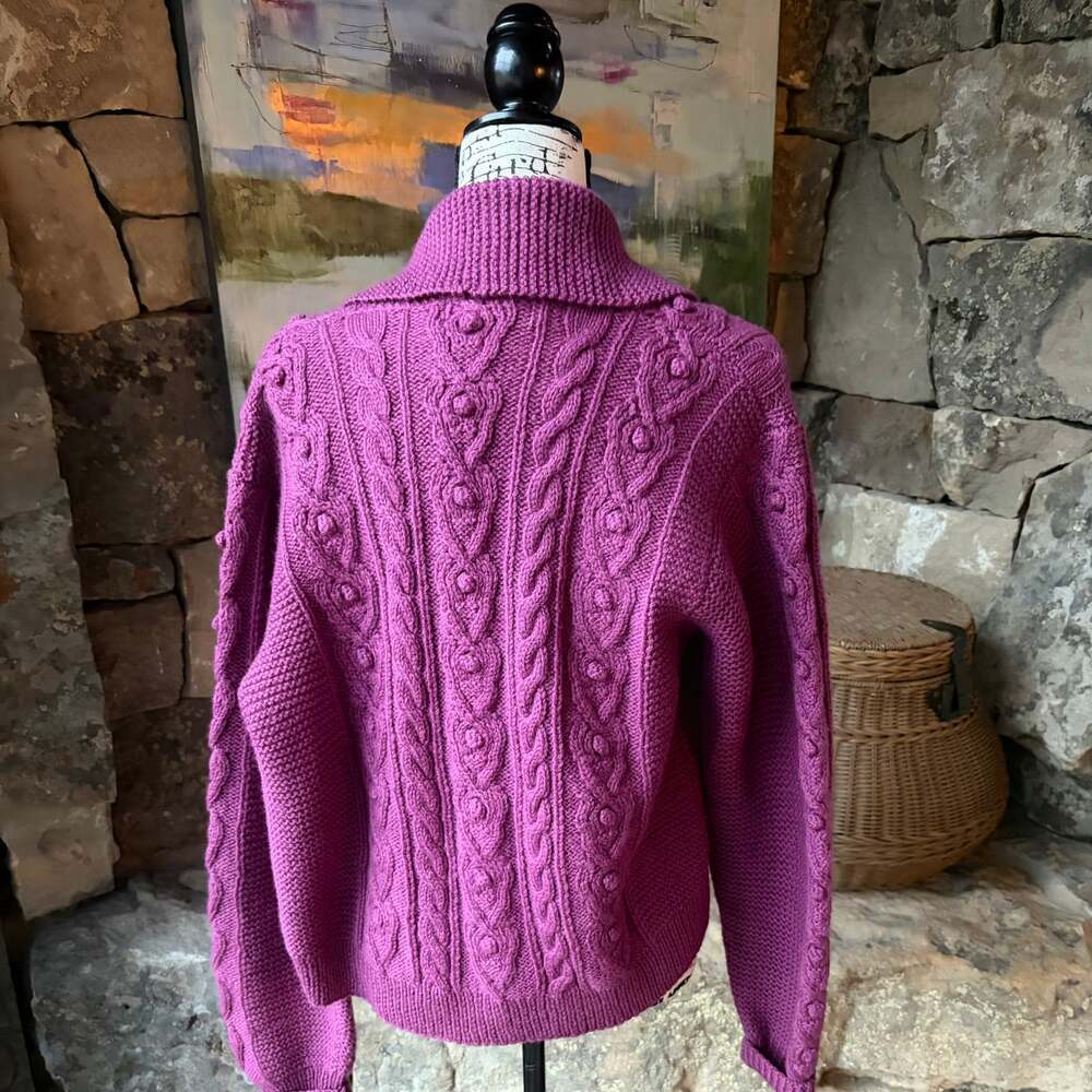 Vintage L.L.Bean 100% Wool Cable Knit Cardigan Sweater Women’s 40 Purple Hong Ko - Picture 2 of 4